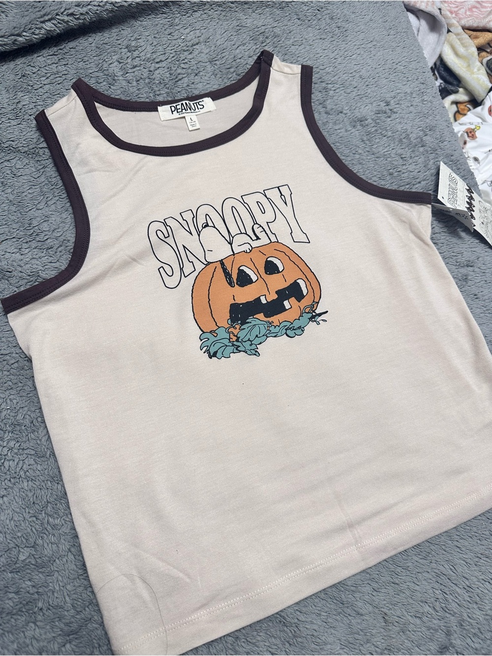 Peanuts Light Pink Tank Top with Brown Trim and Pumpkin Snoopy Print